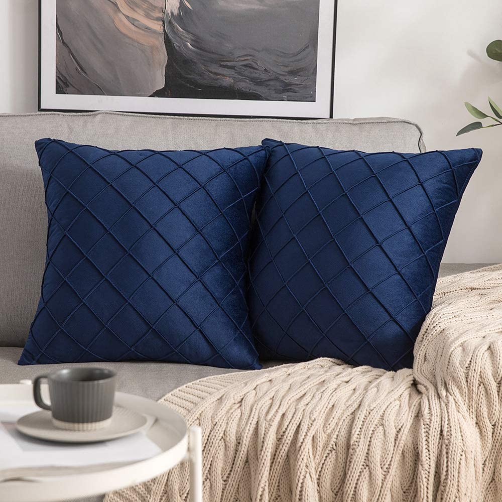 Velvet Cushions Cover pintuck style 16"x16"Navy Blue