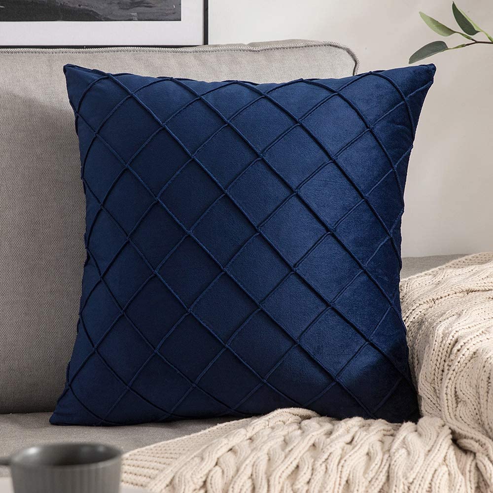 Velvet Cushions Cover pintuck style 16"x16"Navy Blue