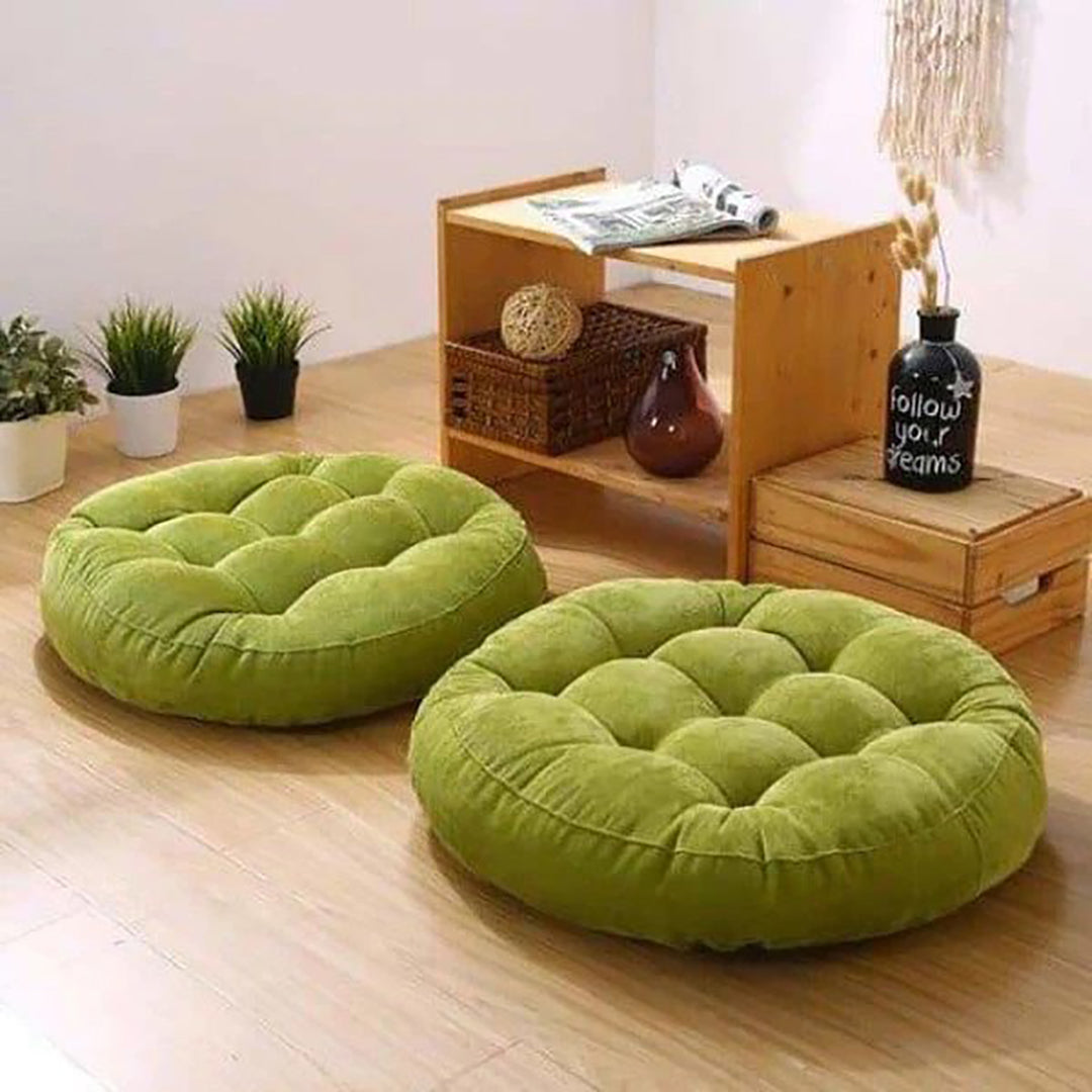 Velvet Round Floor Cushions With Ball Fiber Filling(1 Pair=2 Pieces)Olive
