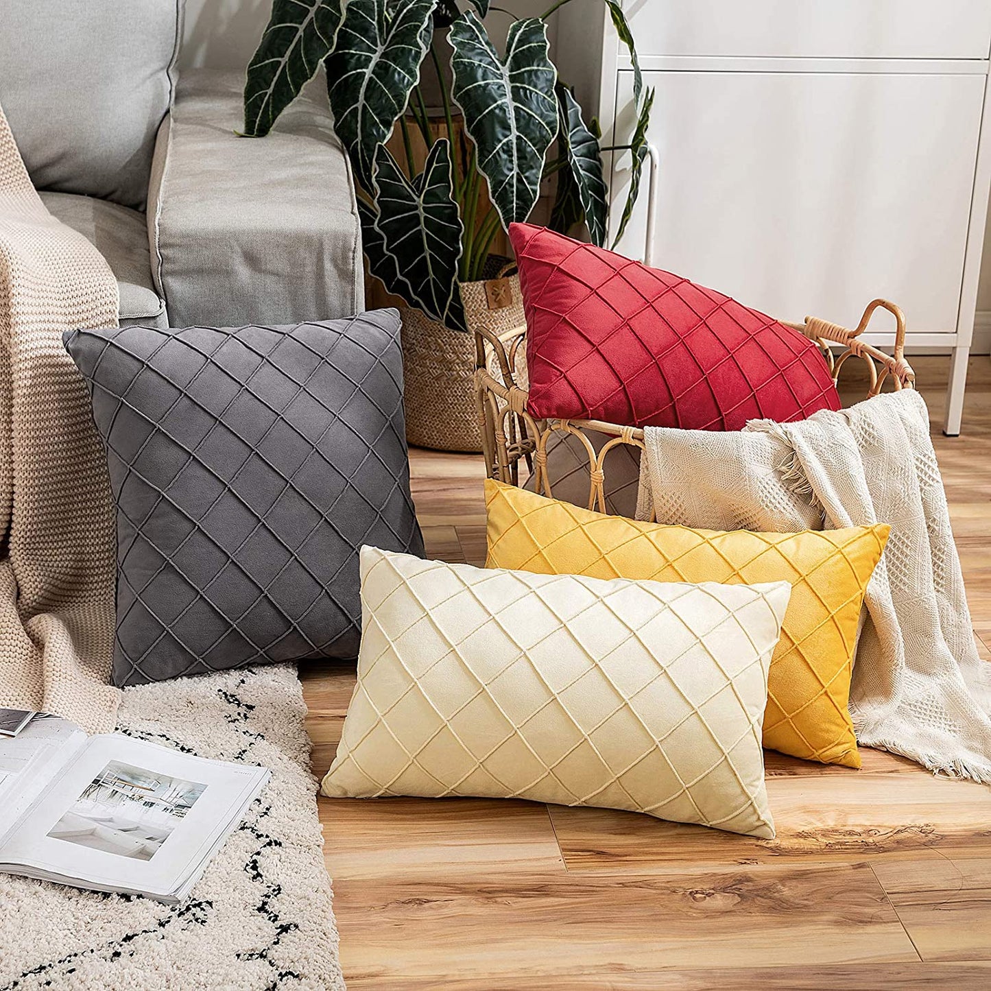 Velvet Cushions Cover pintuck style 16"x16"Grey White