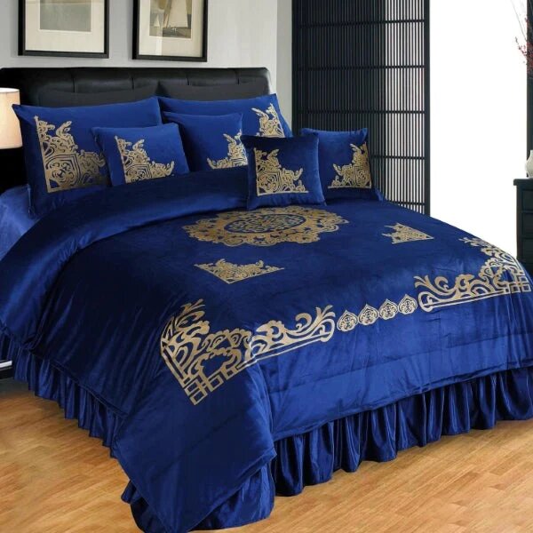 Pure Velvet Laser Applique Set (Navy Blue) - 9pcs Duvet Set