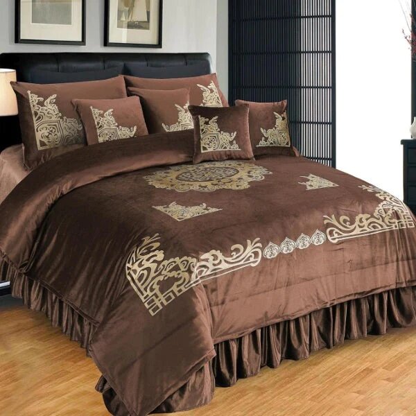 Pure Velvet Laser Applique Set (Brown) - 9pcs Duvet Set
