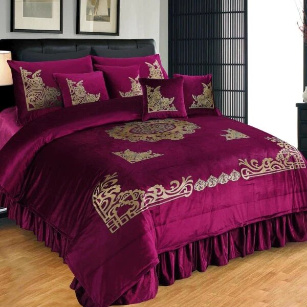 Pure Velvet Laser Applique Set (Maroon) - 9pcs Duvet Set