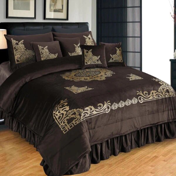 Pure Velvet Laser Applique Set (Coffee) - 9pcs Duvet Set