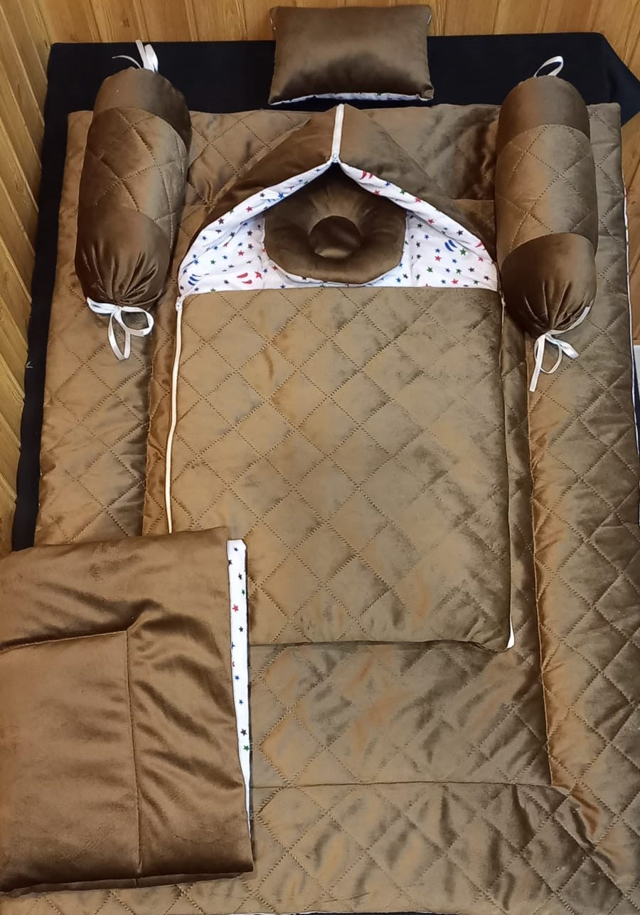 Baby Nest /Baby Wrapper/New Born Baby Velvet Set 7 Pcs - Brown