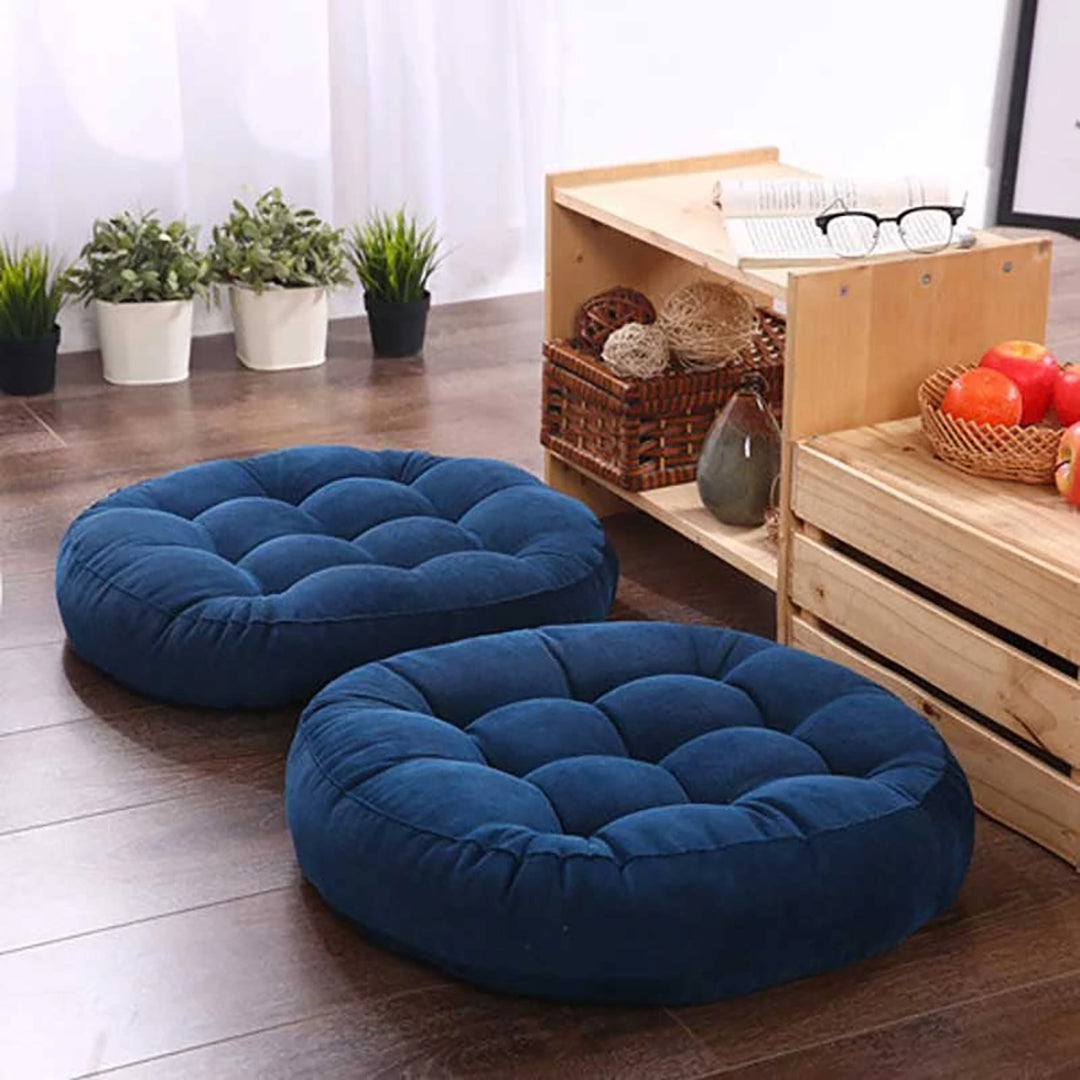 Velvet Round Floor Cushions With Ball Fiber Filling(1 Pair=2 Pieces) Blue