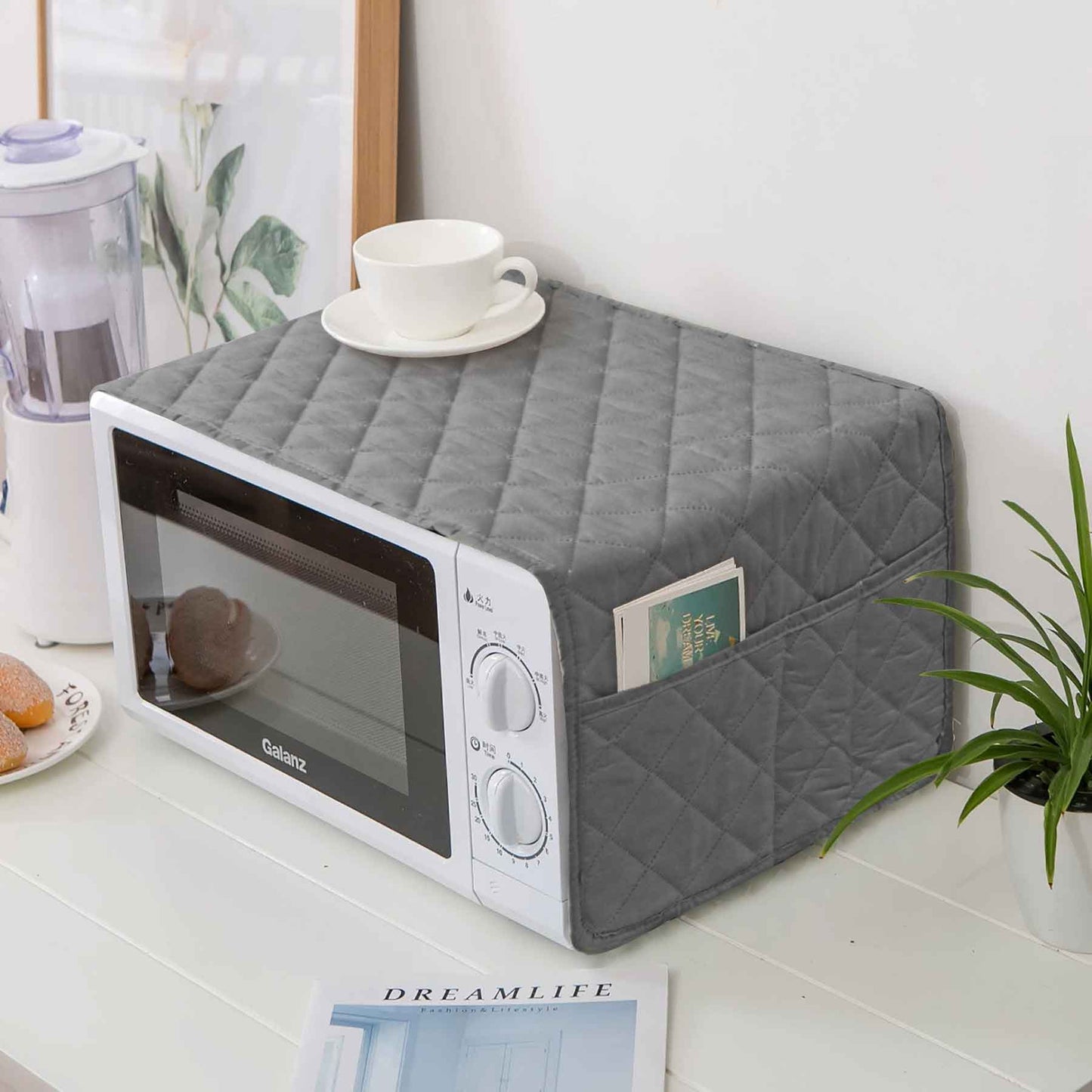 Dust-Proof Quilted Microwave Oven Cover With Side Pockets-Grey
