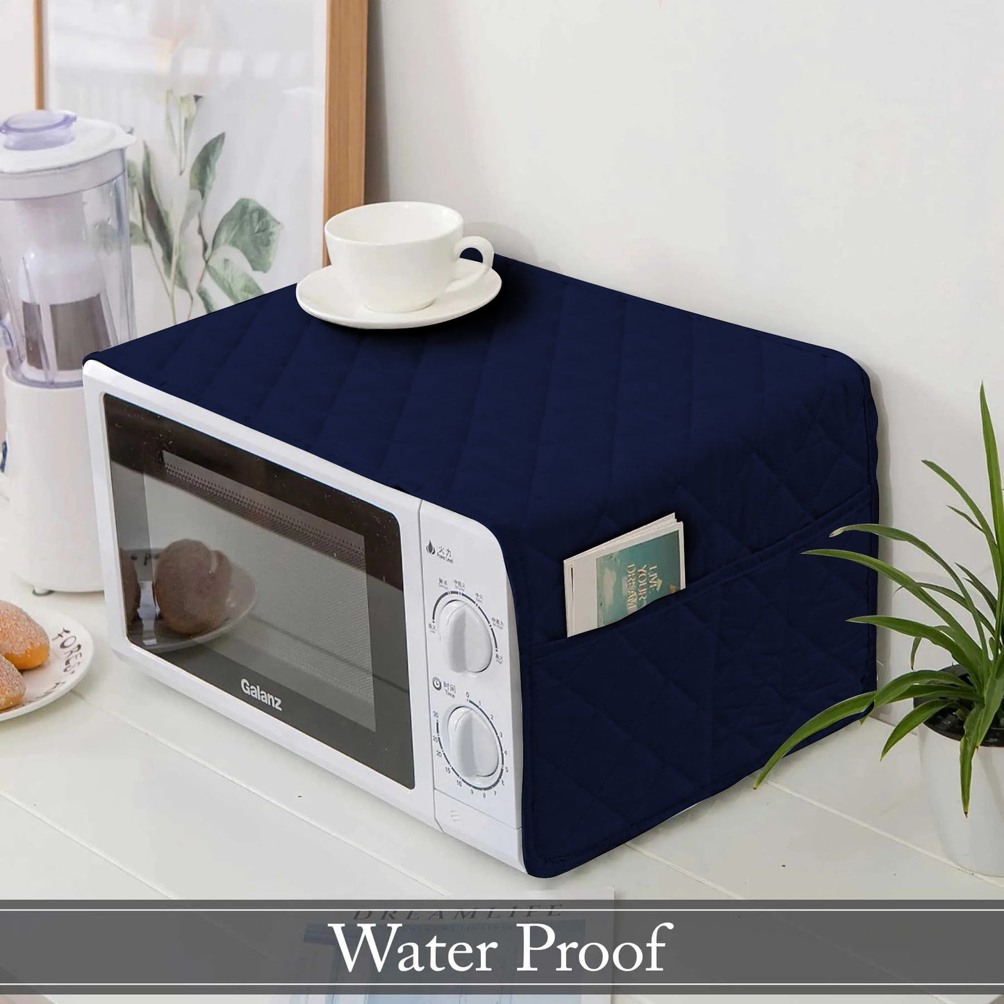 Dust-Proof Quilted Microwave Oven Cover With Side Pockets-Blue
