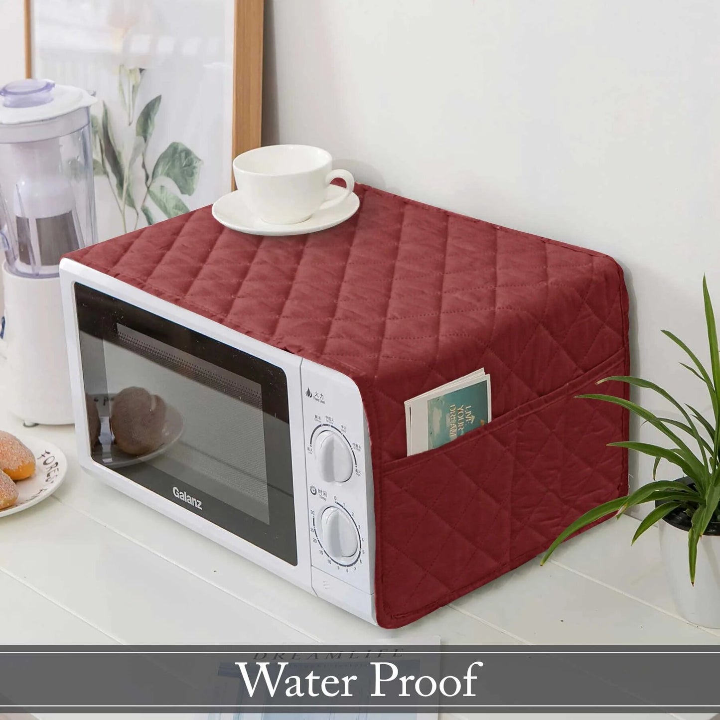 Dust-Proof Quilted Microwave Oven Cover With Side Pockets-Maroon