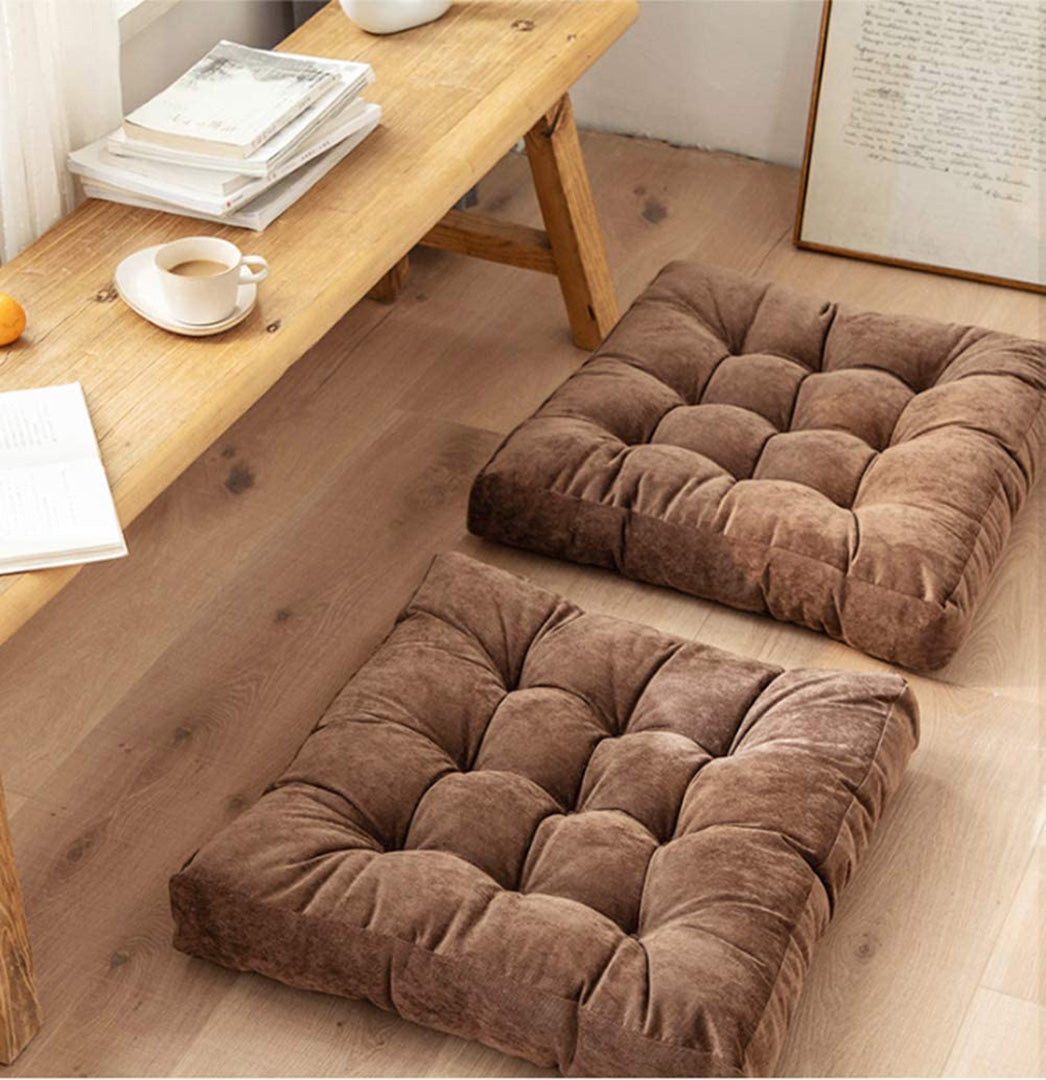 Velvet Square Floor Cushions With Ball Fiber Filling(1 Pair=2 Pieces)Brown