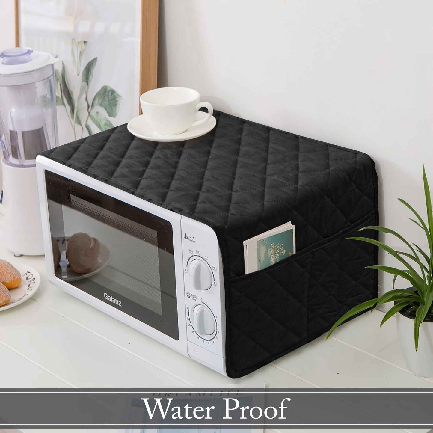 Dust-Proof Quilted Microwave Oven Cover With Side Pockets-Black