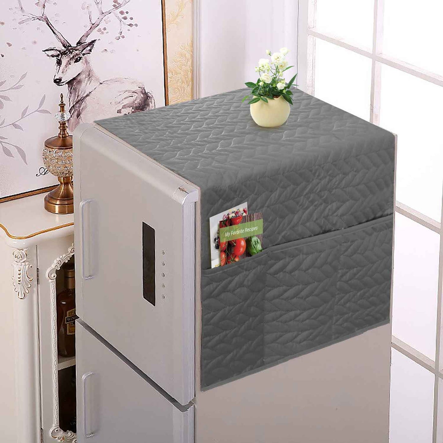 Dustproof Quilted Refrigerator Cover With Side Pockets-Grey