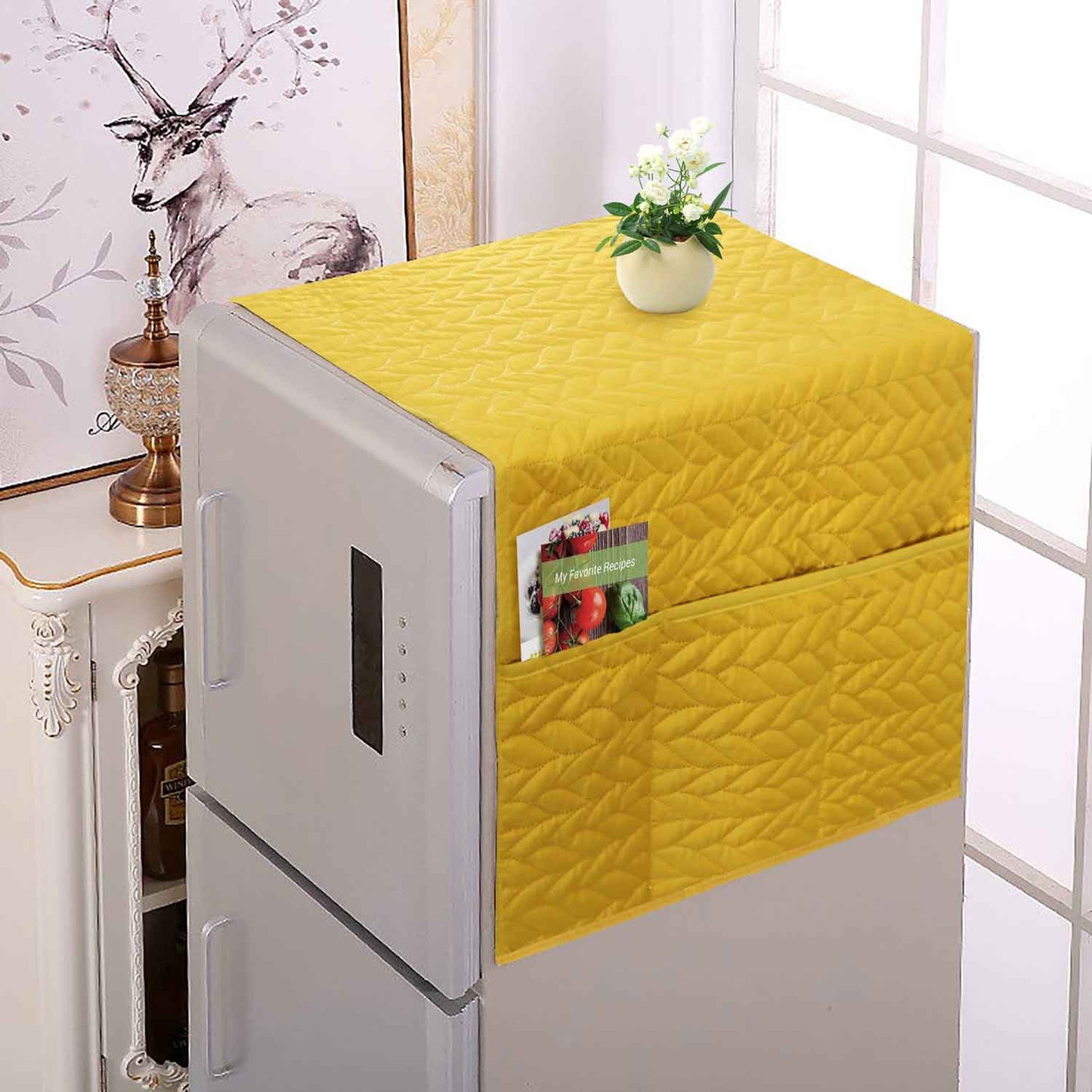 Dustproof Quilted Refrigerator Cover With Side Pockets-Mustard