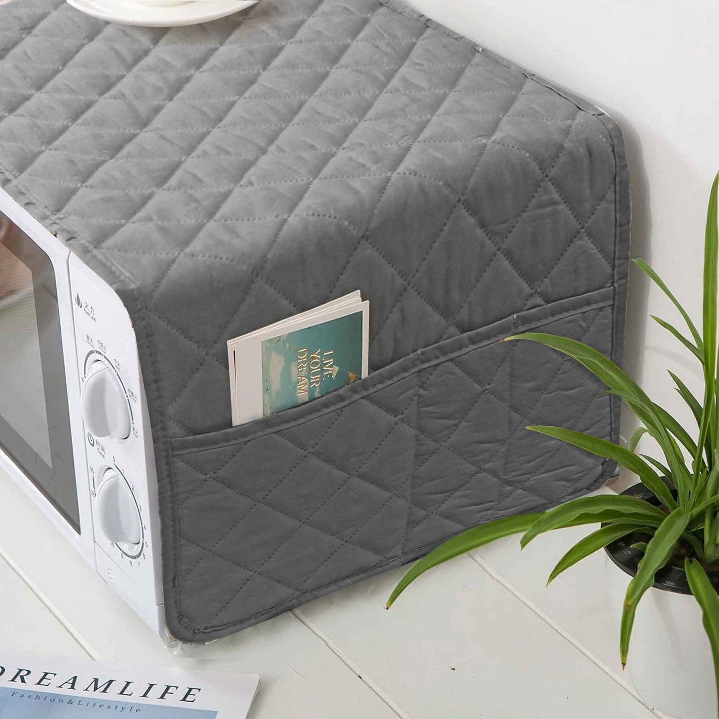 Dust-Proof Quilted Microwave Oven Cover With Side Pockets-Grey