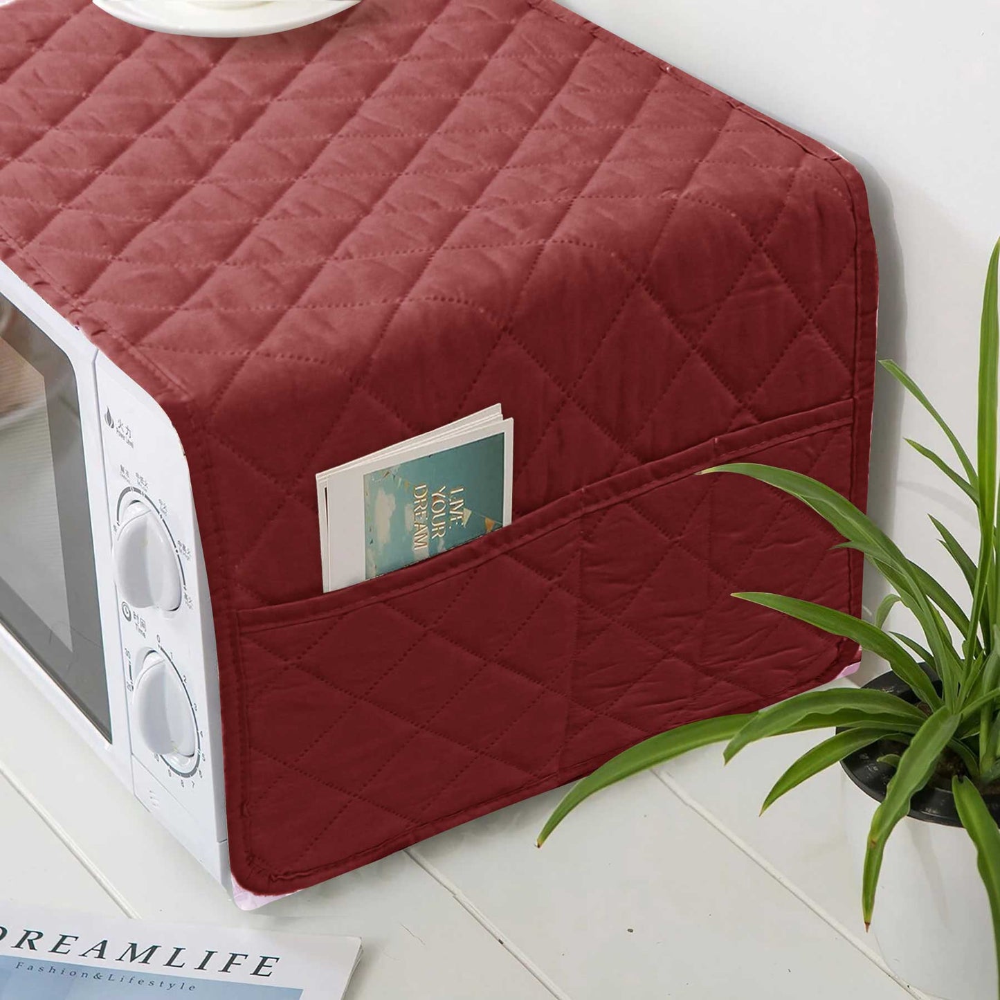 Dust-Proof Quilted Microwave Oven Cover With Side Pockets-Maroon