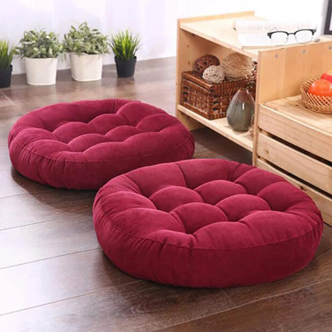 Velvet Round Floor Cushions With Ball Fiber Filling(1 Pair=2 Pieces)Maroon