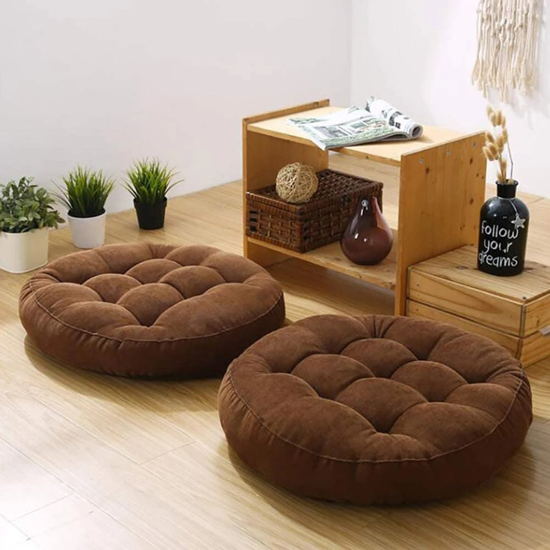 Velvet Round Floor Cushions With Ball Fiber Filling(1 Pair=2 Pieces)Brown
