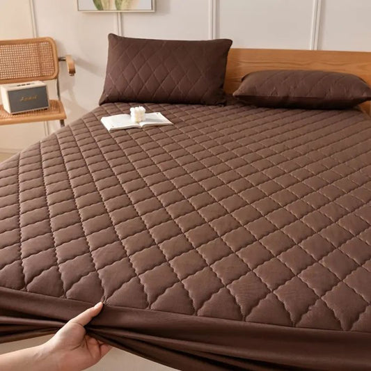 MAT Solid Colour Quilted Ultrasonic 100% Waterproof Mattress Cover For Double Bed Fitted Mattress Protector Anti Sleep Bed Sheet (Dark Brown)