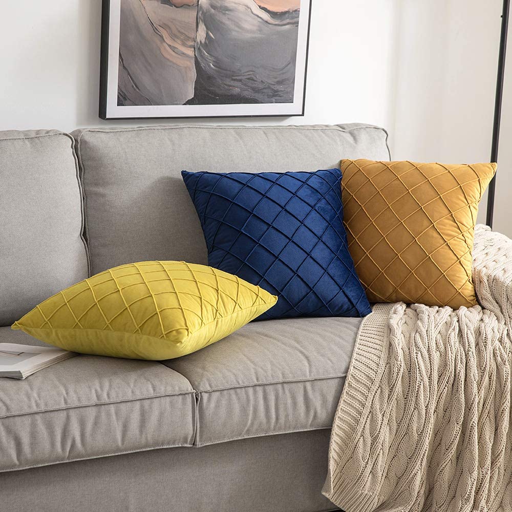 Velvet Cushions Cover pintuck style 16"x16"Navy Blue