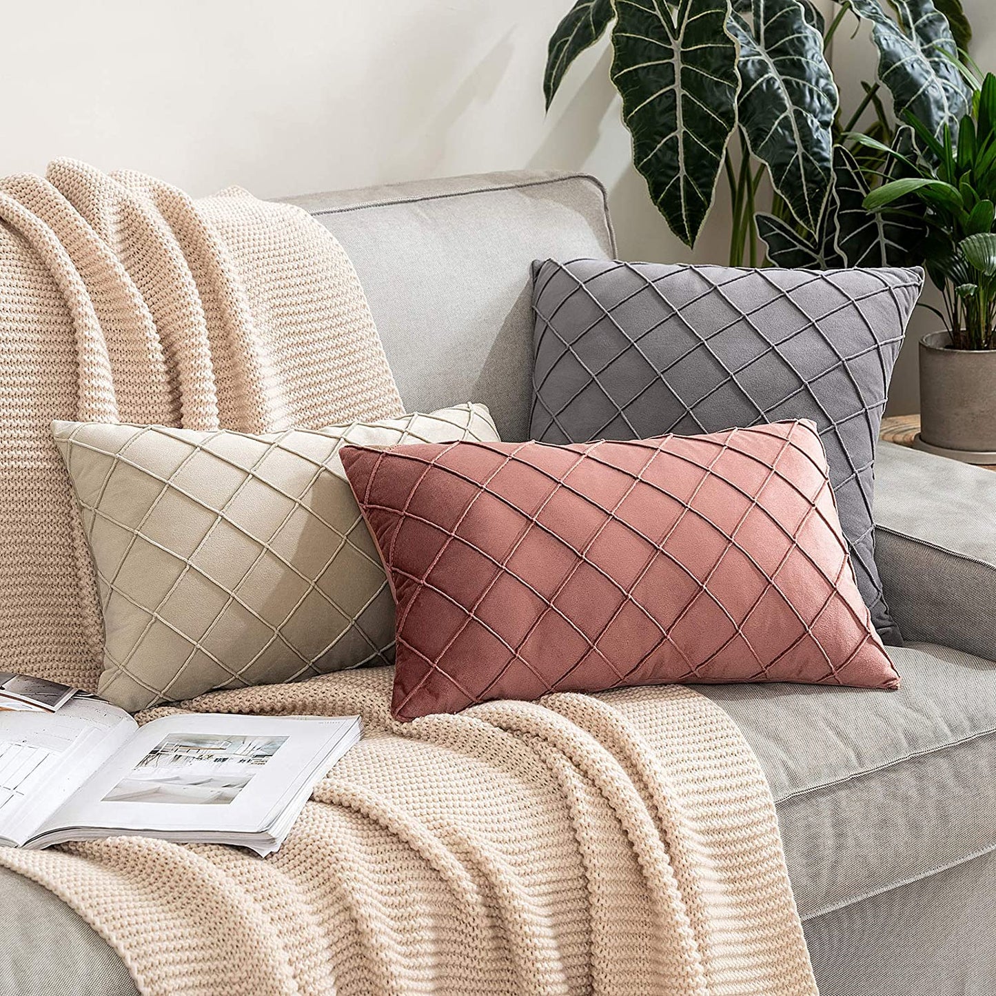 Velvet Cushions Cover pintuck style 16"x16"Grey
