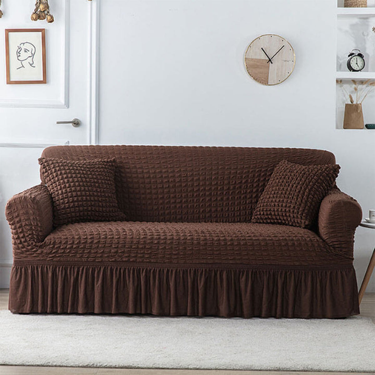 Ruffled Seersucker Sofa Cover (Bubble Fabric)Brown