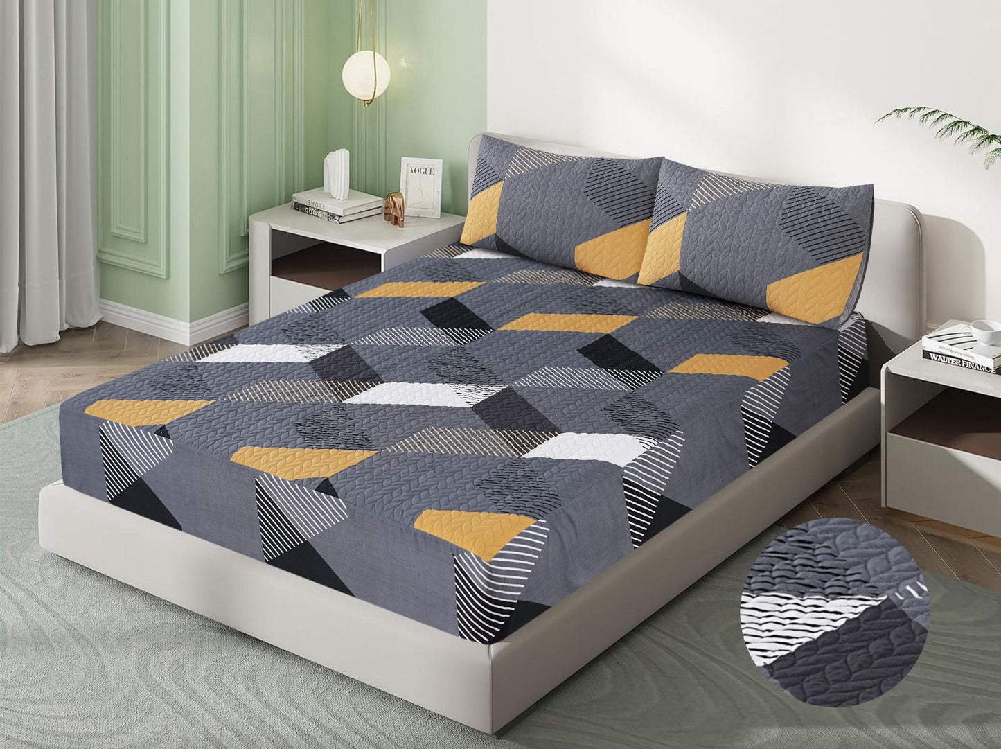 Mat Printed Quilted Ultrasonic 100% Waterproof Mattress Cover For Double Bed Fitted Mattress Protector Anti Sleep Bed Sheet With Pillow Covers(Classic Grey )