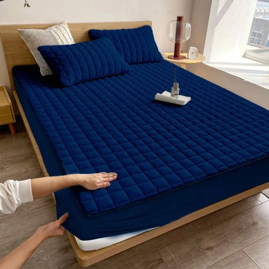 MAT Solid Colour Quilted Ultrasonic 100% Waterproof Mattress Cover For Double Bed Fitted Mattress Protector Anti Sleep Bed Sheet (Blue )