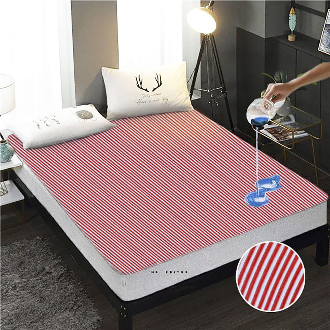 Premium Quality Terry Cotton 100% Waterproof Fitted Mattress Protector In Red Stripe