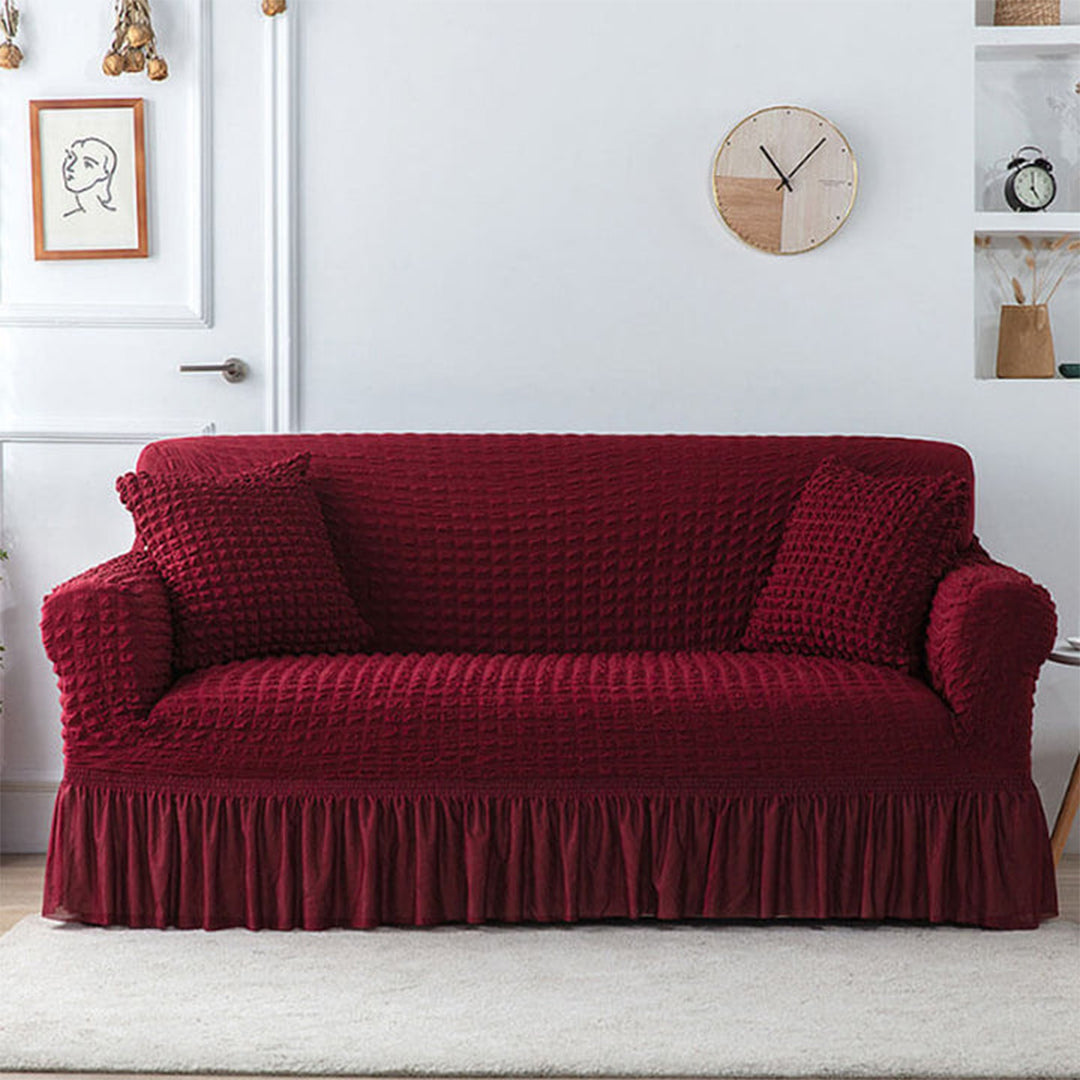 Ruffled Seersucker Sofa Cover (Bubble Fabric)Maroon